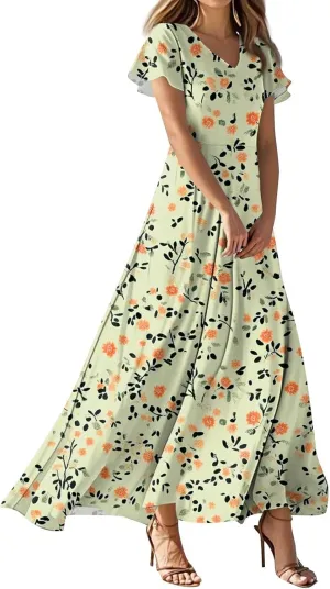 Floral Maxi Dresses for Women 2025 Summer Casual Ruffle Sleeve V Neck Chiffon Dress Flowy Swing Boho Beach Sundresses