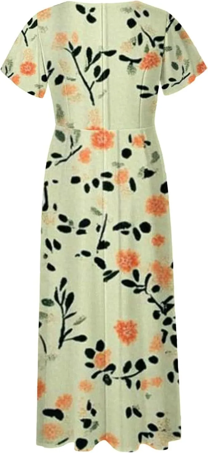 Floral Maxi Dresses for Women 2025 Summer Casual Ruffle Sleeve V Neck Chiffon Dress Flowy Swing Boho Beach Sundresses