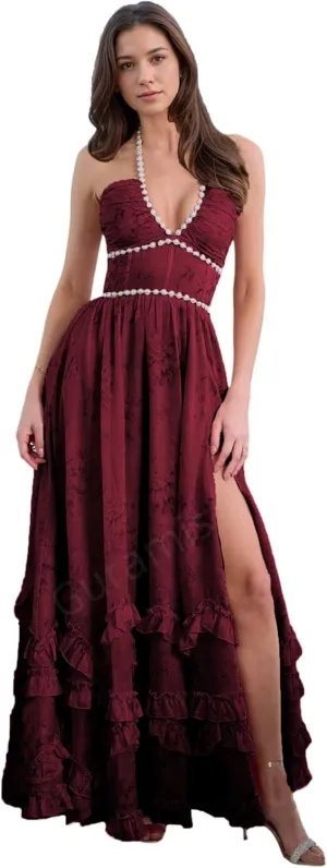 Floral Prom Dresses for Women 2025 Pearl Halter Chiffon Ruffles Ball Gowns Formal Evening Gowns with Slit