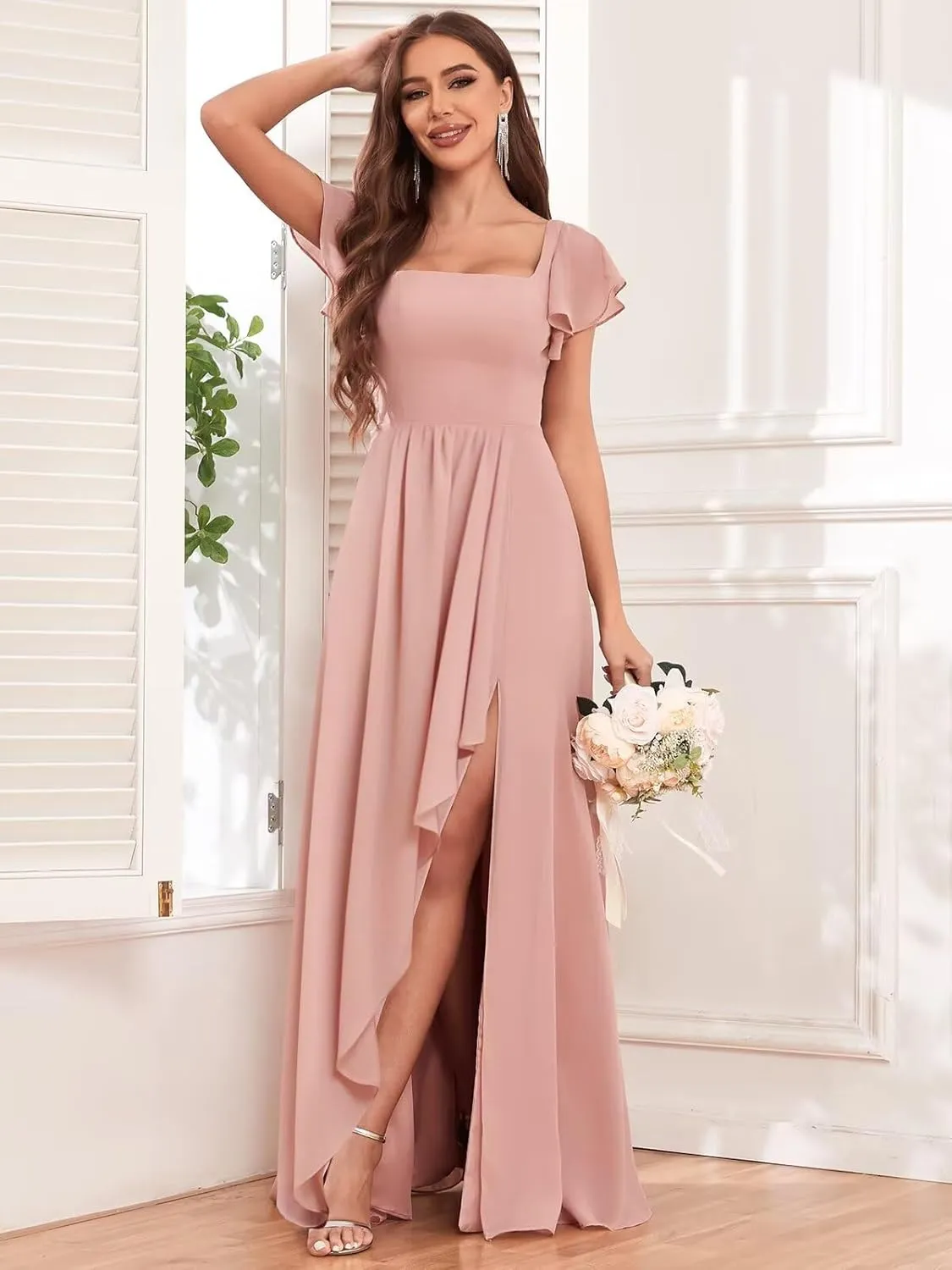Flutter Sleeve Chiffon Bridesmaid Dresses for Women Long A-Line Pleated Formal Evening Party Dress with Slit