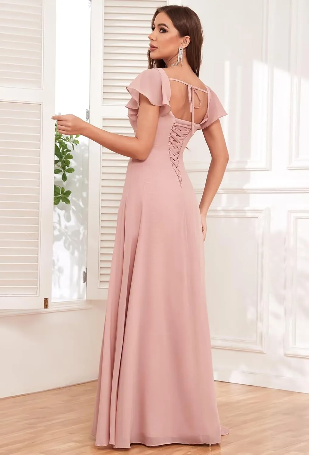 Flutter Sleeve Chiffon Bridesmaid Dresses for Women Long A-Line Pleated Formal Evening Party Dress with Slit