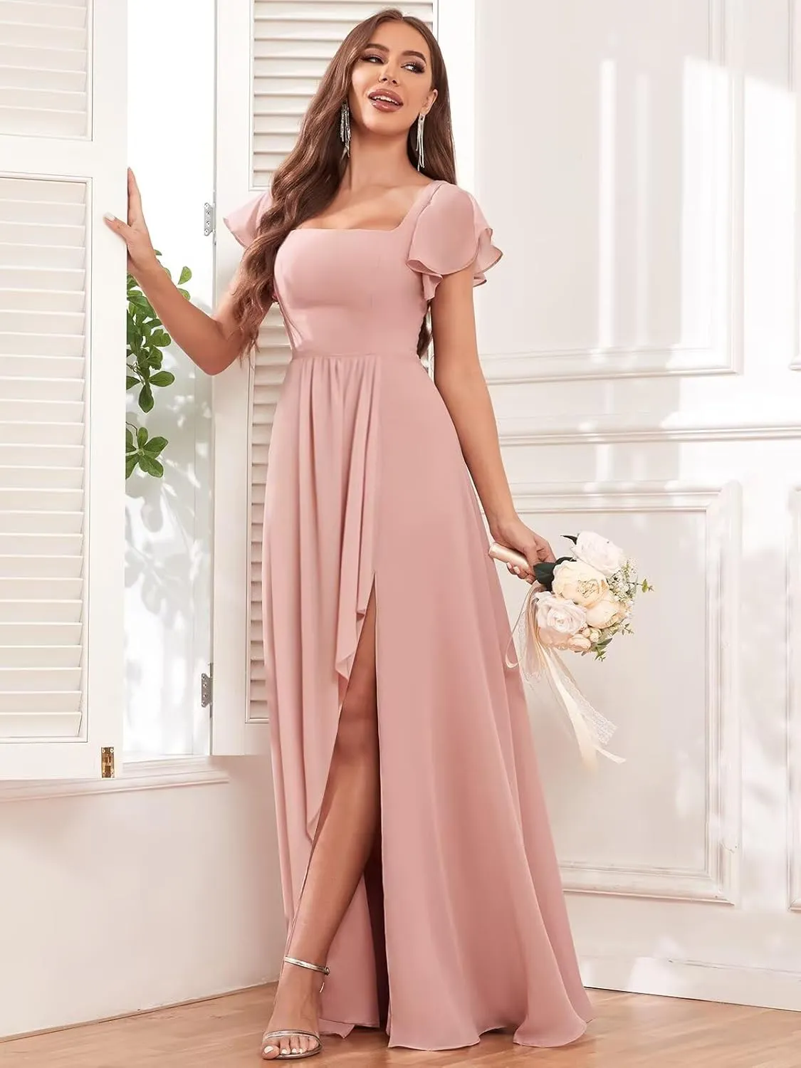 Flutter Sleeve Chiffon Bridesmaid Dresses for Women Long A-Line Pleated Formal Evening Party Dress with Slit