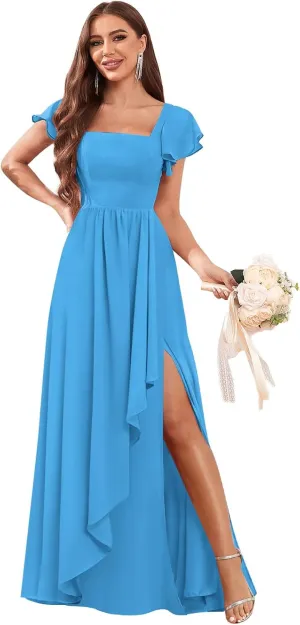 Flutter Sleeve Chiffon Bridesmaid Dresses for Women Long A-Line Pleated Formal Evening Party Dress with Slit