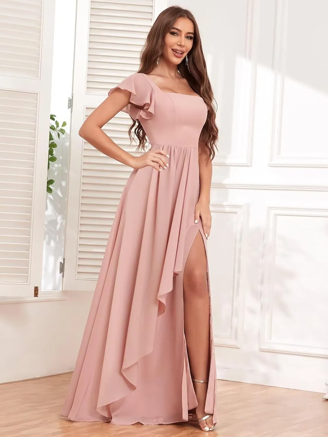 Flutter Sleeve Chiffon Bridesmaid Dresses for Women Long A-Line Pleated Formal Evening Party Dress with Slit
