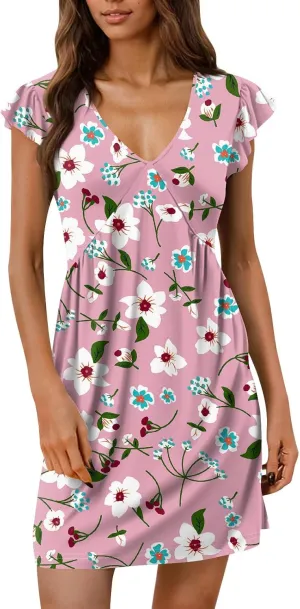 Flutter Sleeve Dress for Women Summer V Neck Mini Sundress Floral Cute Boho Elegant Casual Beach Wedding Guest Dress
