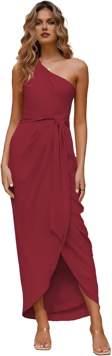 ForElise One Shoulder Bridesmaid Dresses 2025 Tie Waist Pleated Chiffon Formal Evening Gowns