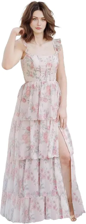 ForElise Tiered Ruffles Bridesmaid Dresses for Women 2025 Flutter Sleeve Chiffon Formal Evening Dresses with Slit