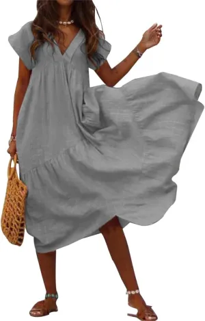 Gauze Dress for Women Cotton Women Gauze Dresses with Sleeves Tiered Ruffle Boho Plus Size Dress Shift Casual Summer Dresses Plus Size,Grey,M