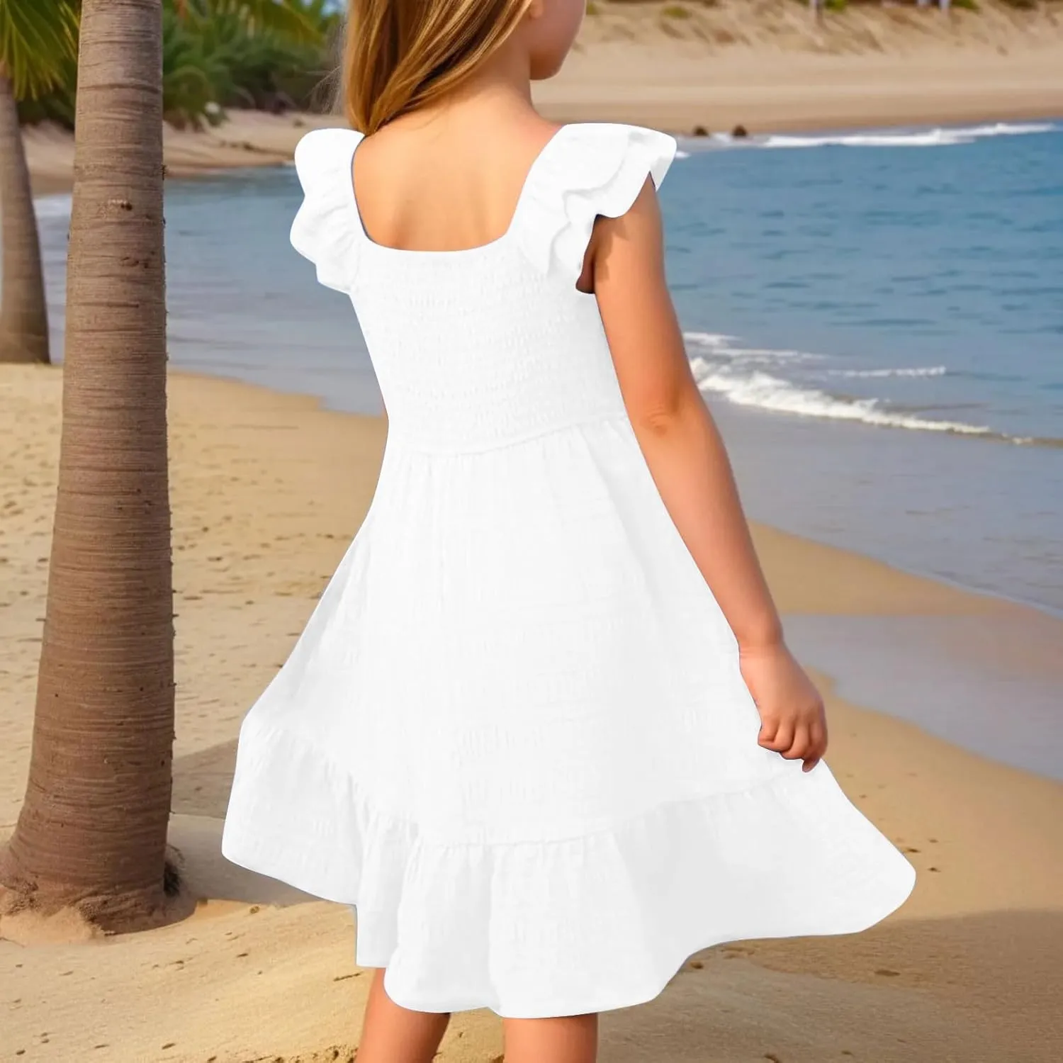 Girl's 2025 Summer Dresses Smocked Flutter Sleeve a Line Sundresses Swing Mini Casual Party Dresses Size 3-14 Years
