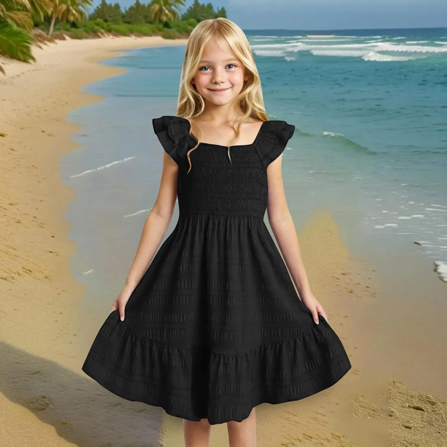 Girl's 2025 Summer Dresses Smocked Flutter Sleeve a Line Sundresses Swing Mini Casual Party Dresses Size 3-14 Years