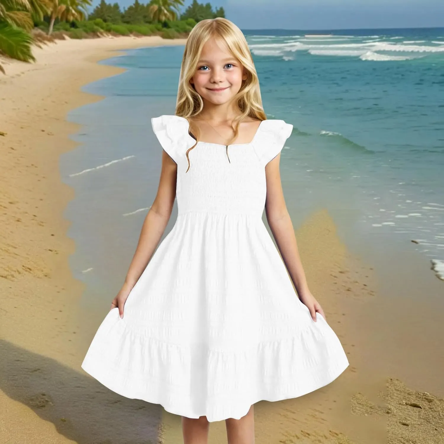 Girl's 2025 Summer Dresses Smocked Flutter Sleeve a Line Sundresses Swing Mini Casual Party Dresses Size 3-14 Years