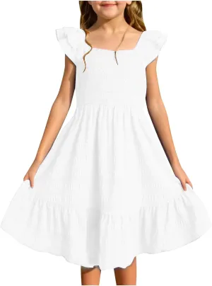 Girl's 2025 Summer Dresses Smocked Flutter Sleeve a Line Sundresses Swing Mini Casual Party Dresses Size 3-14 Years
