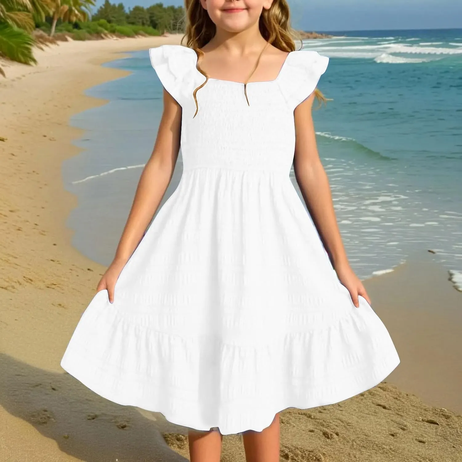 Girl's 2025 Summer Dresses Smocked Flutter Sleeve a Line Sundresses Swing Mini Casual Party Dresses Size 3-14 Years