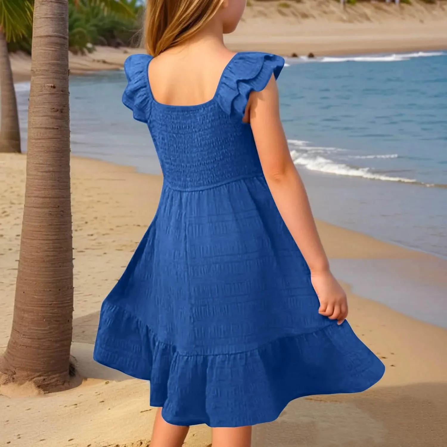 Girls Summer Dresses 2025 Fluffy Sleeve Smocked Midi Dress Casual Tiered Ruffle Flowy Beach Vacation Sundress