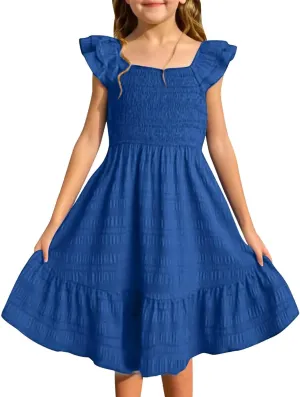 Girls Summer Dresses 2025 Fluffy Sleeve Smocked Midi Dress Casual Tiered Ruffle Flowy Beach Vacation Sundress