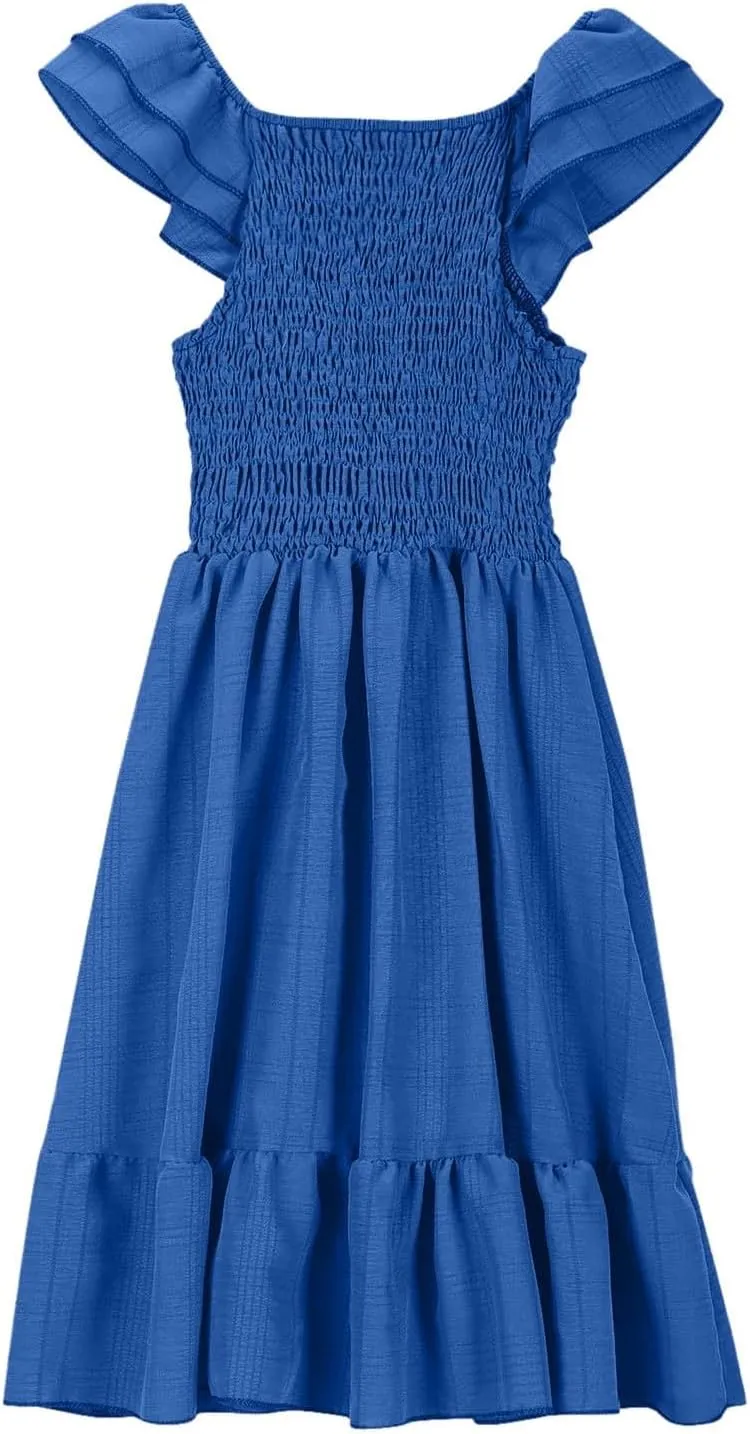 Girls Summer Dresses 2025 Fluffy Sleeve Smocked Midi Dress Casual Tiered Ruffle Flowy Beach Vacation Sundress