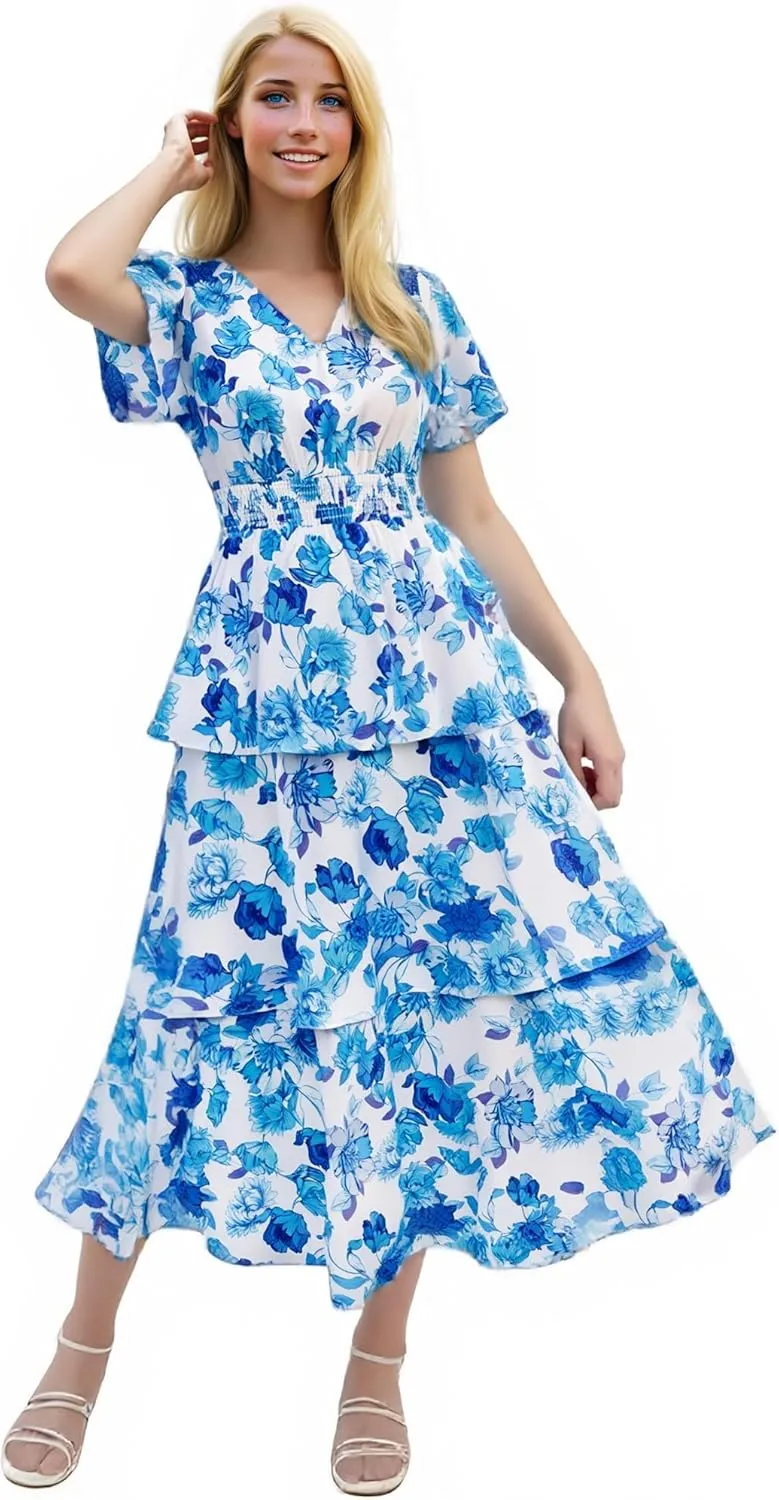 GRACE KARIN Women's 2025 Floral Summer Long Midi Dress V Neck Short Sleeve Ruffle Tiered Layered Boho Swing Dresses