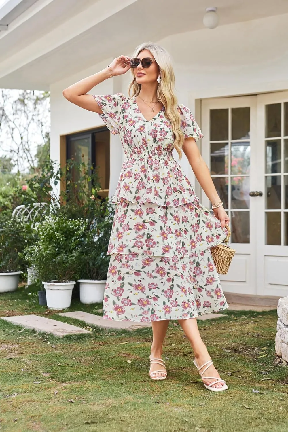 GRACE KARIN Women's 2025 Floral Summer Long Midi Dress V Neck Short Sleeve Ruffle Tiered Layered Boho Swing Dresses