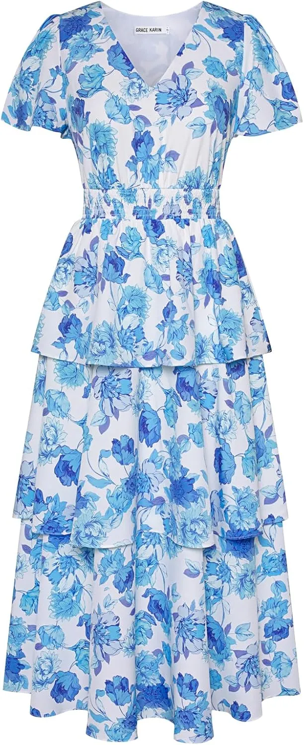 GRACE KARIN Women's 2025 Floral Summer Long Midi Dress V Neck Short Sleeve Ruffle Tiered Layered Boho Swing Dresses