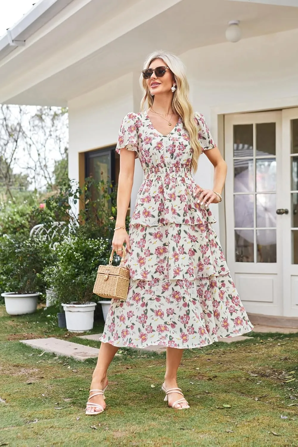 GRACE KARIN Women's 2025 Floral Summer Long Midi Dress V Neck Short Sleeve Ruffle Tiered Layered Boho Swing Dresses