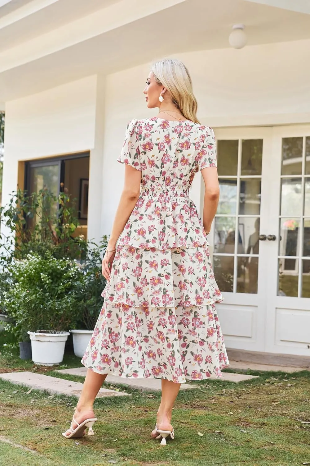 GRACE KARIN Women's 2025 Floral Summer Long Midi Dress V Neck Short Sleeve Ruffle Tiered Layered Boho Swing Dresses