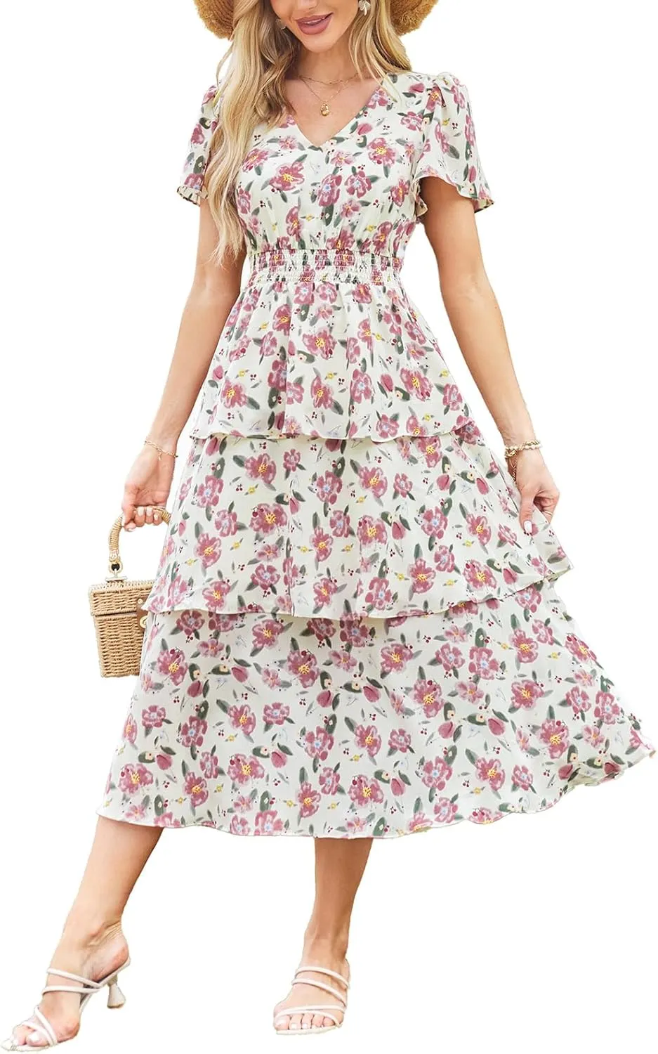 GRACE KARIN Women's 2025 Floral Summer Long Midi Dress V Neck Short Sleeve Ruffle Tiered Layered Boho Swing Dresses