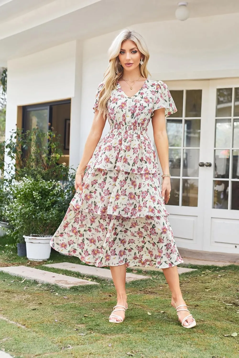 GRACE KARIN Women's 2025 Floral Summer Long Midi Dress V Neck Short Sleeve Ruffle Tiered Layered Boho Swing Dresses