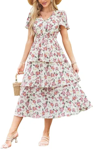 GRACE KARIN Women's 2025 Floral Summer Long Midi Dress V Neck Short Sleeve Ruffle Tiered Layered Boho Swing Dresses