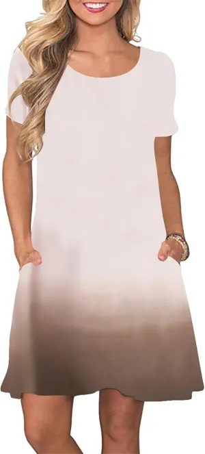 GRASWE Womens Summer Solid Pockets Dresses Round Neck Short Sleeve Knee Length Sundresses