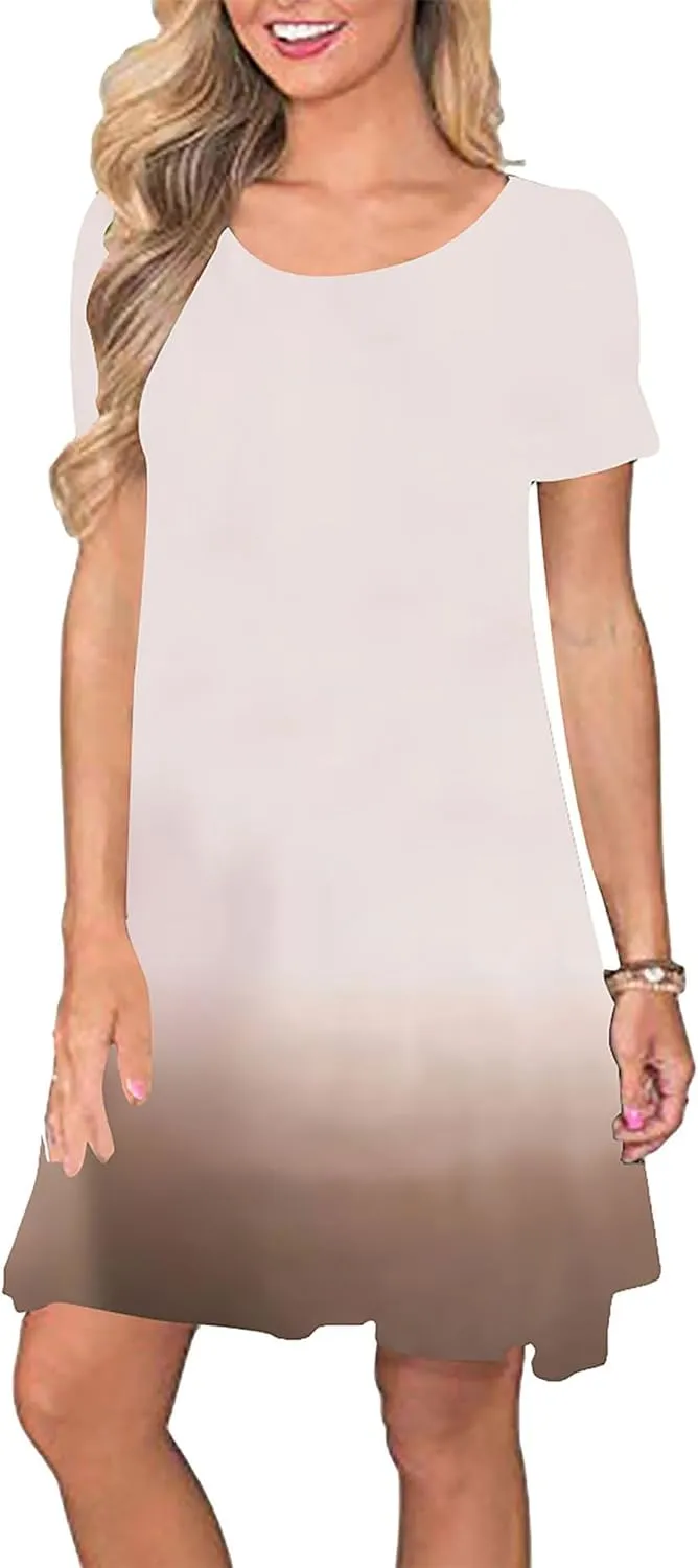 GRASWE Womens Summer Solid Pockets Dresses Round Neck Short Sleeve Knee Length Sundresses