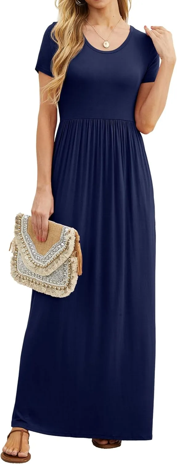 GRECERELLE Women's Short Sleeve Maxi Dresses Casual Long Dresses with Pockets