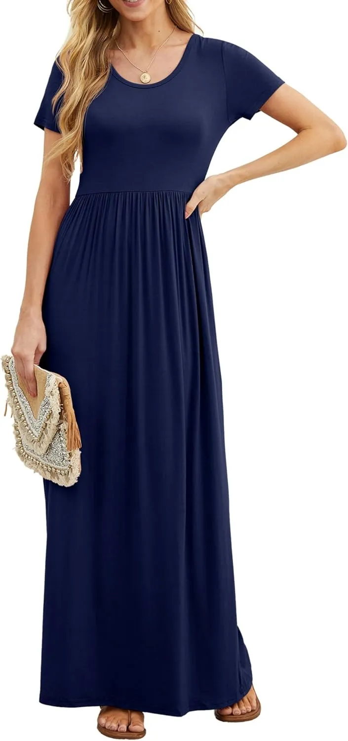 GRECERELLE Women's Short Sleeve Maxi Dresses Casual Long Dresses with Pockets