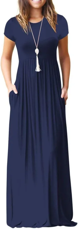 GRECERELLE Women's Short Sleeve Maxi Dresses Casual Long Dresses with Pockets