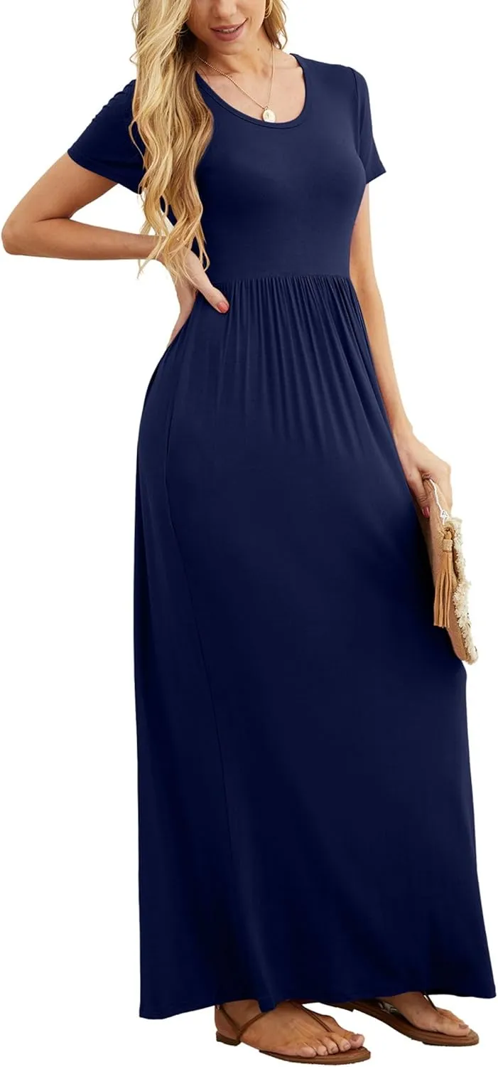 GRECERELLE Women's Short Sleeve Maxi Dresses Casual Long Dresses with Pockets