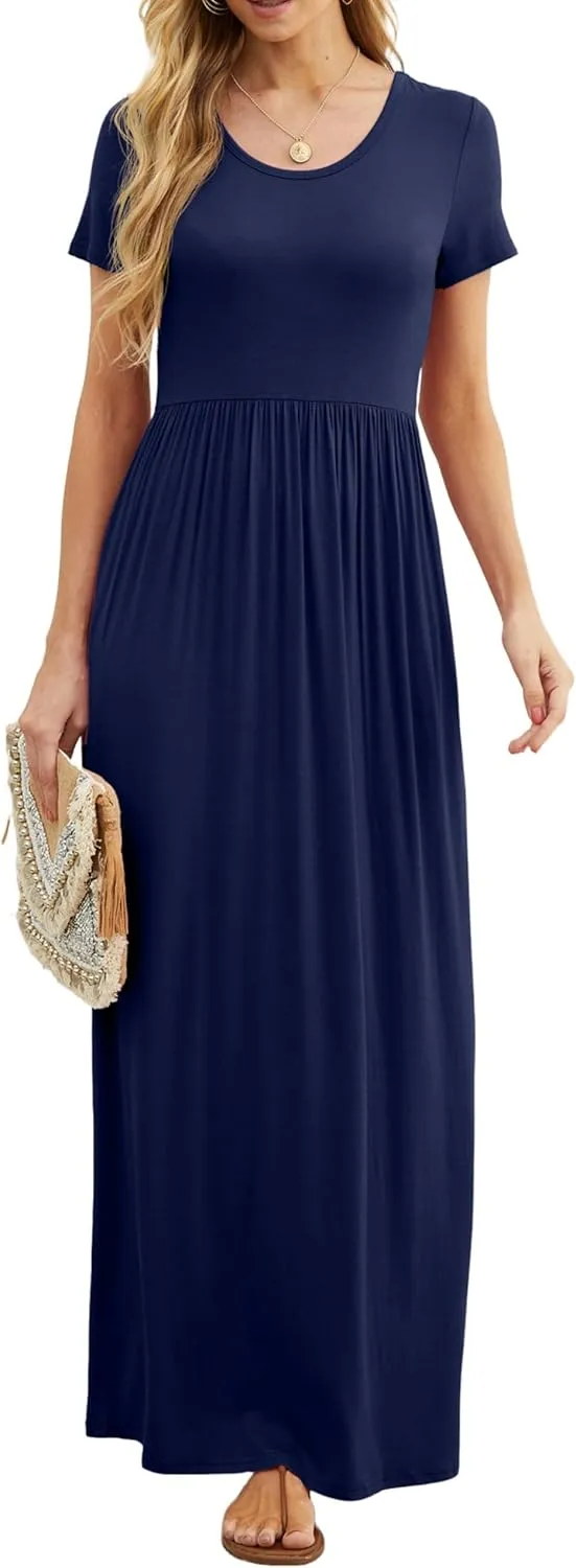 GRECERELLE Women's Short Sleeve Maxi Dresses Casual Long Dresses with Pockets