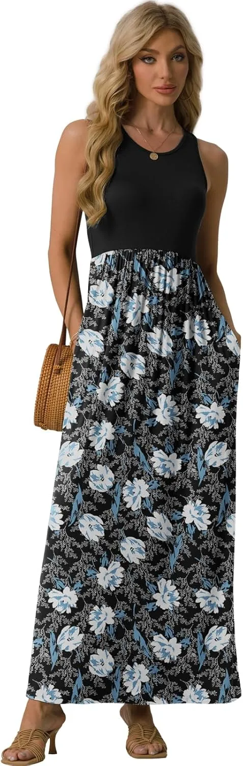 GRECERELLE Women's Sleeveless Racerback Maxi Dress Floral Print Casual Long Dresses with Pockets