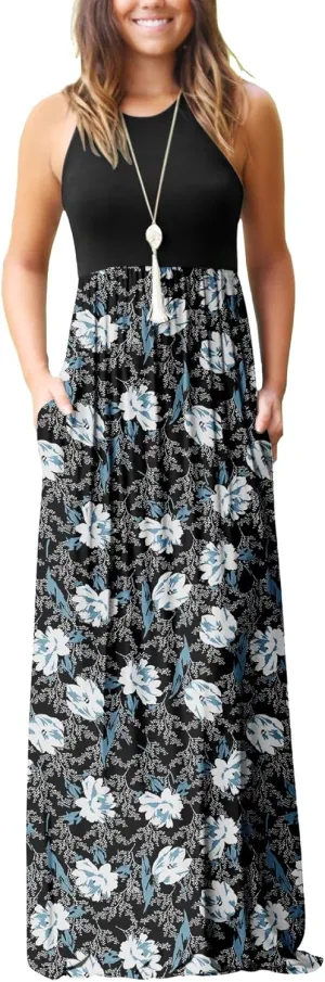 GRECERELLE Women's Sleeveless Racerback Maxi Dress Floral Print Casual Long Dresses with Pockets