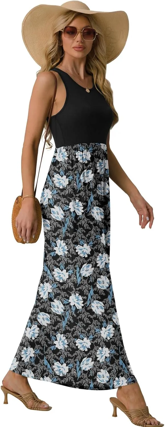 GRECERELLE Women's Sleeveless Racerback Maxi Dress Floral Print Casual Long Dresses with Pockets