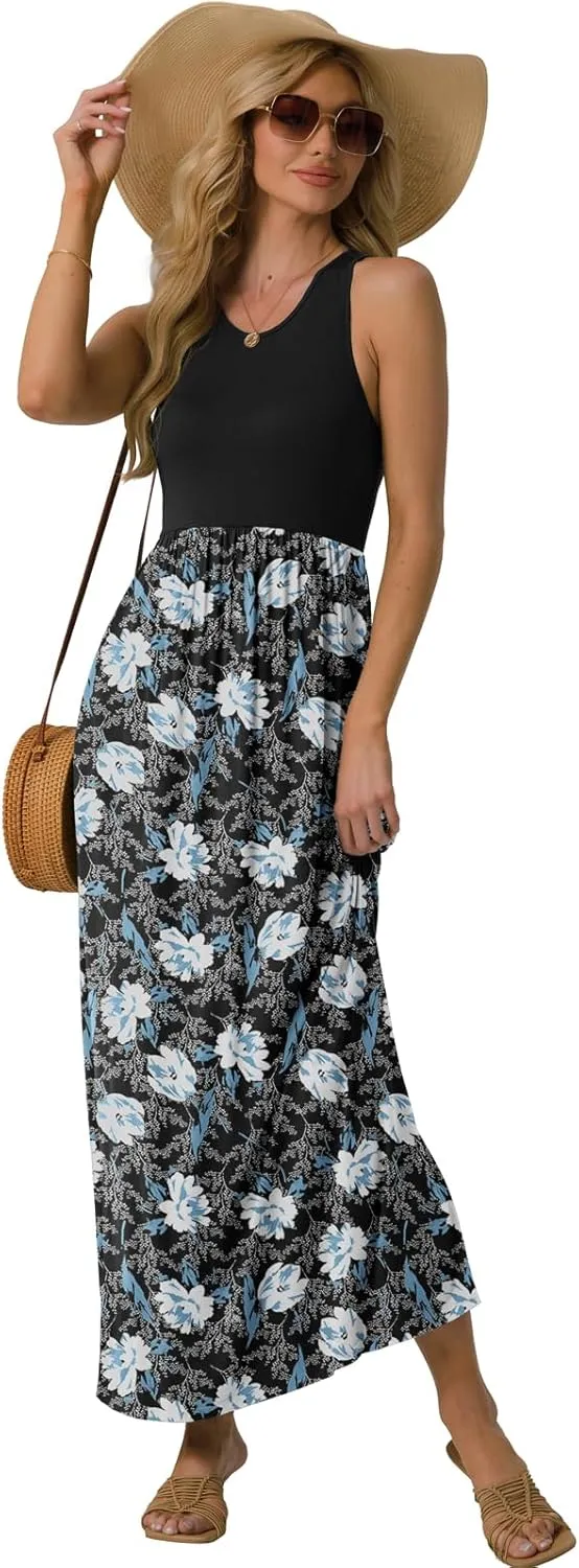 GRECERELLE Women's Sleeveless Racerback Maxi Dress Floral Print Casual Long Dresses with Pockets