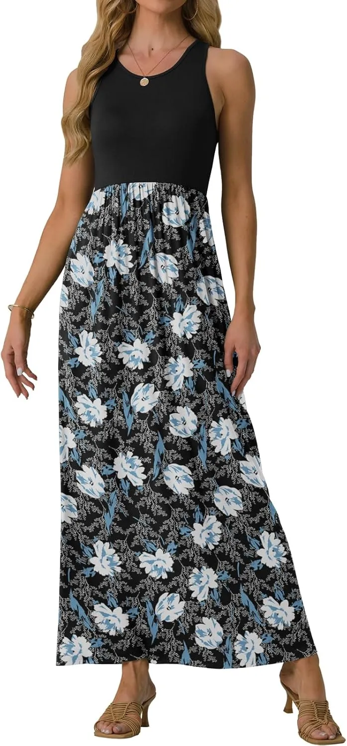 GRECERELLE Women's Sleeveless Racerback Maxi Dress Floral Print Casual Long Dresses with Pockets
