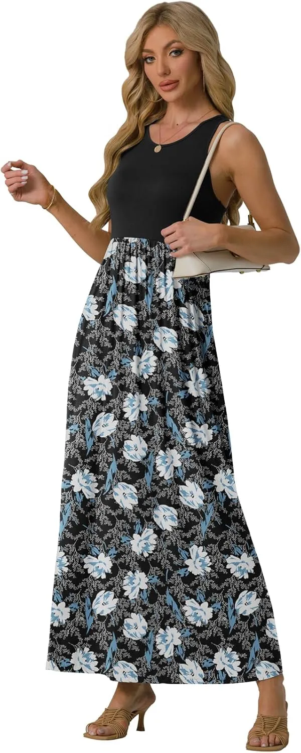 GRECERELLE Women's Sleeveless Racerback Maxi Dress Floral Print Casual Long Dresses with Pockets