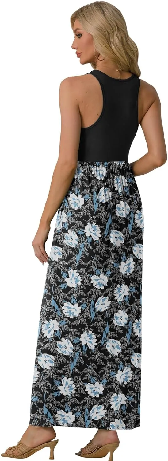 GRECERELLE Women's Sleeveless Racerback Maxi Dress Floral Print Casual Long Dresses with Pockets