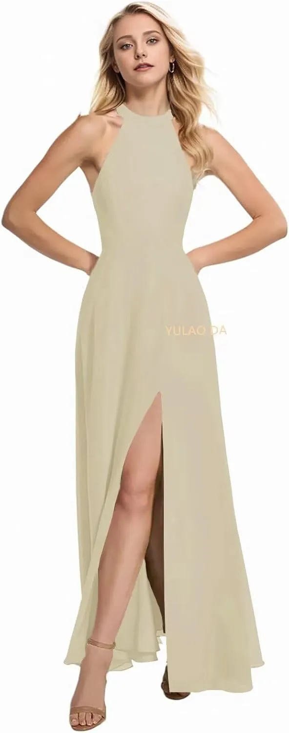 Halter Bridesmaid Dresses for Women with Slit A-Line Chiffon Maxi Evening Party Dresses for Teens