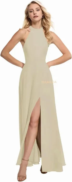 Halter Bridesmaid Dresses for Women with Slit A-Line Chiffon Maxi Evening Party Dresses for Teens