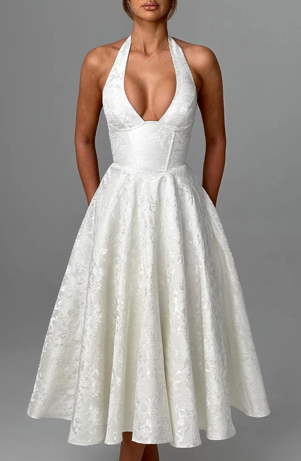 Halter Jacquard Floral Prom Dresses with Pockets Corset A Line Midi Cocktail Pary Dress