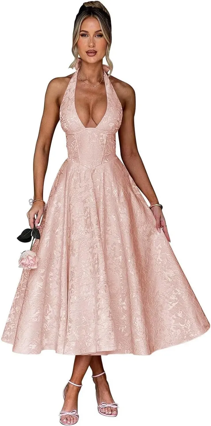 Halter Jacquard Floral Prom Dresses with Pockets Corset A Line Midi Cocktail Pary Dress