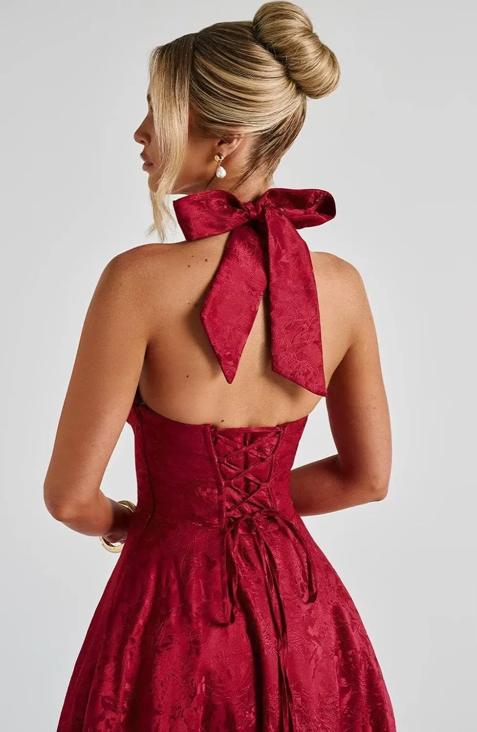 Halter Jacquard Floral Prom Dresses with Pockets Corset A Line Midi Cocktail Pary Dress