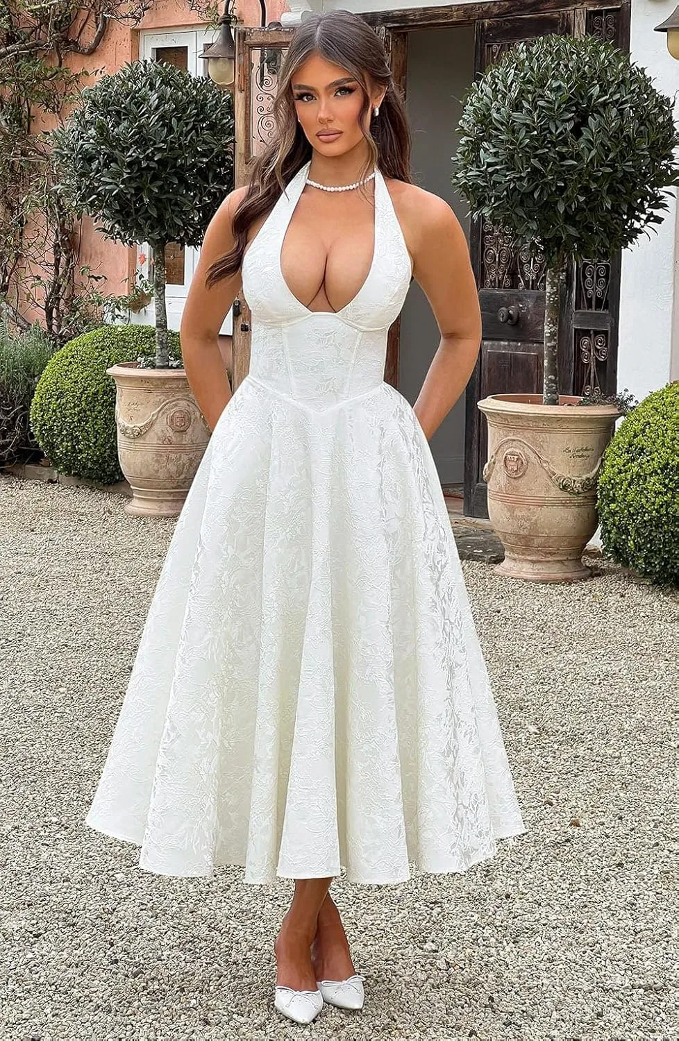 Halter Jacquard Floral Prom Dresses with Pockets Corset A Line Midi Cocktail Pary Dress