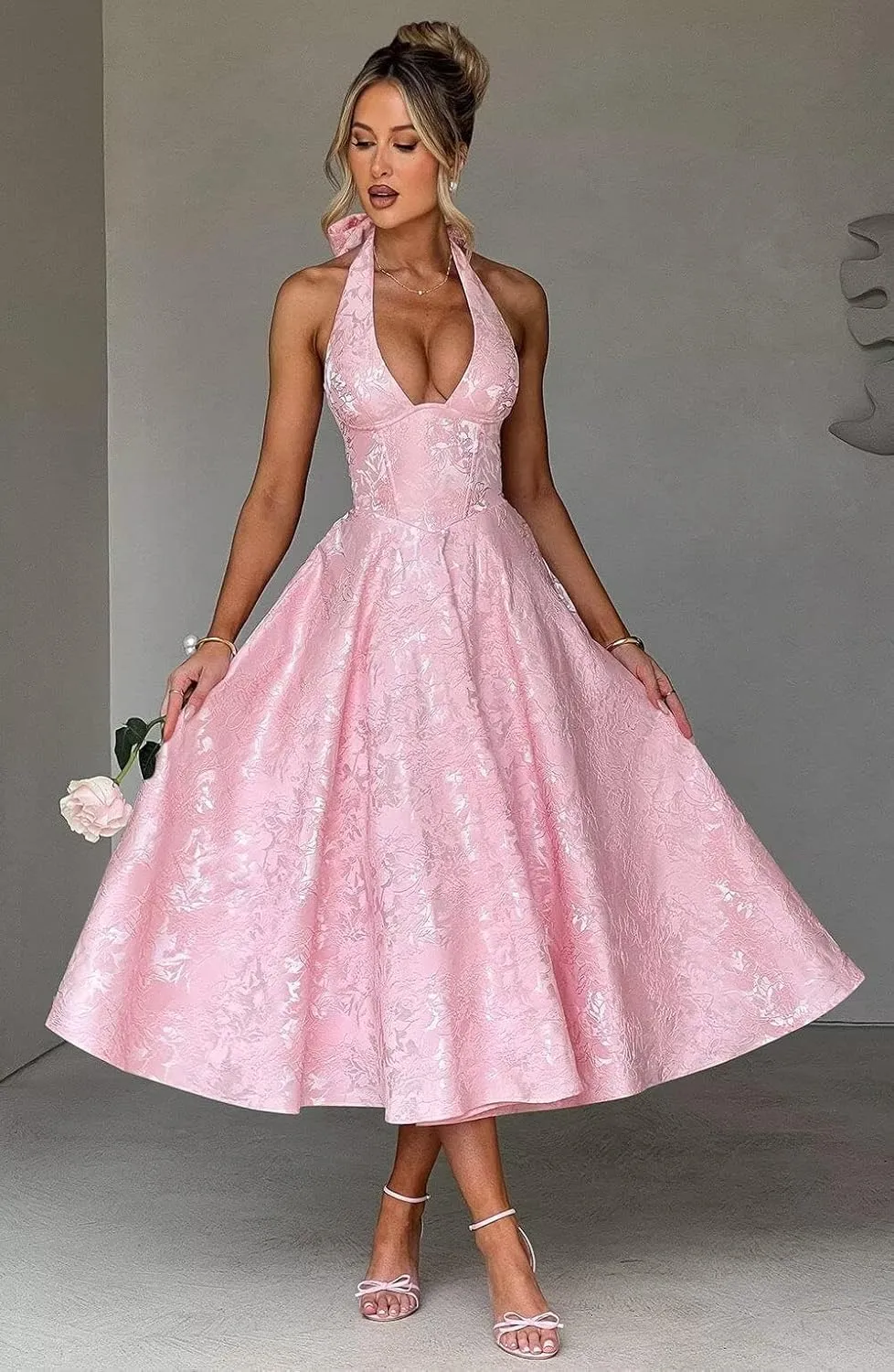 Halter Jacquard Floral Prom Dresses with Pockets Corset A Line Midi Cocktail Pary Dress