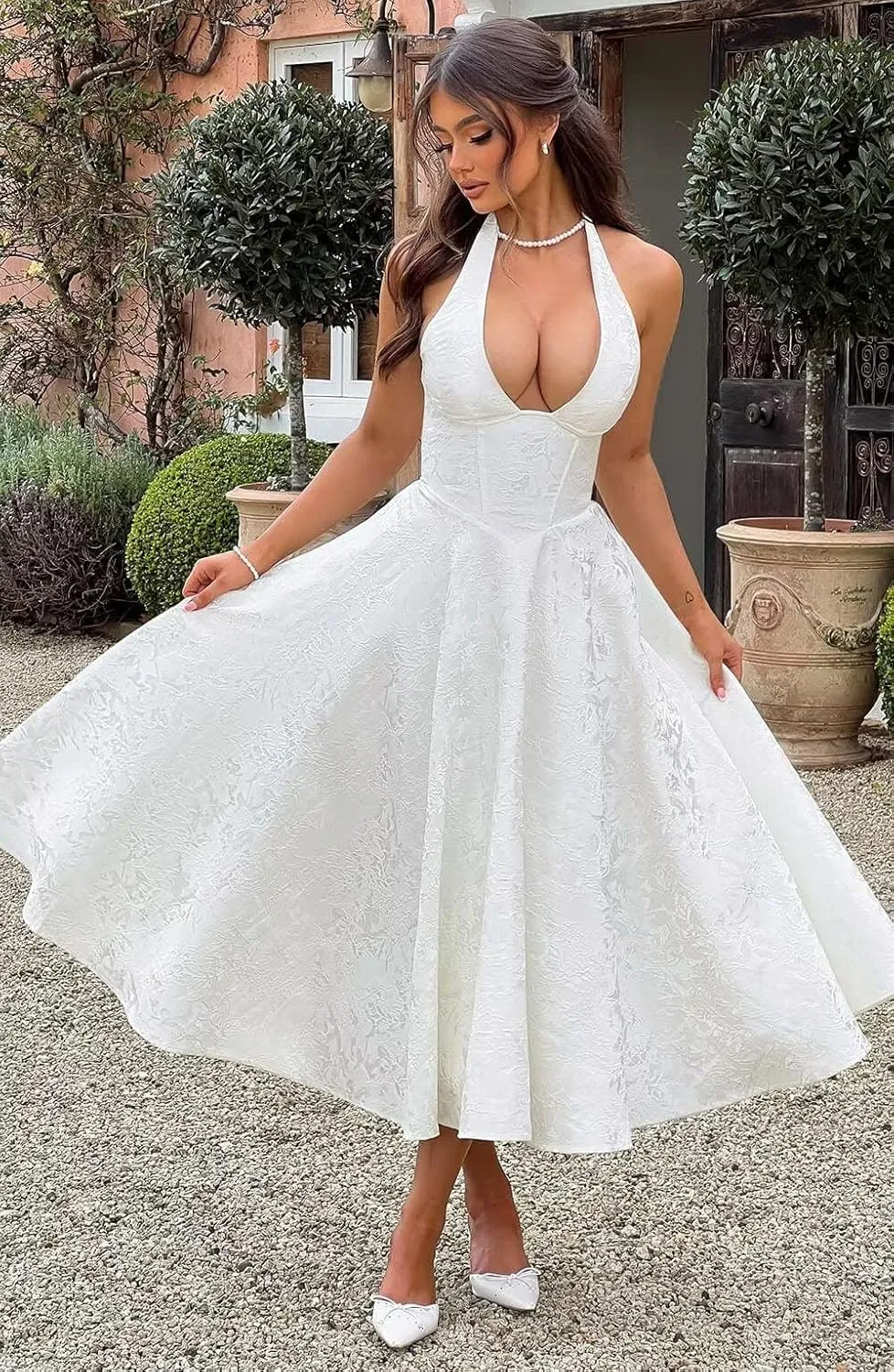 Halter Jacquard Floral Prom Dresses with Pockets Corset A Line Midi Cocktail Pary Dress